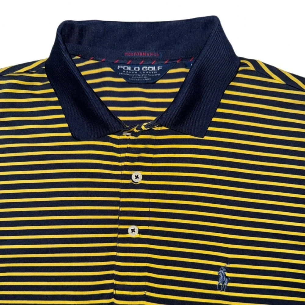Polo Golf Ralph Lauren Performance Polo Yellow Navy Stripe Winged Logo Men’s L